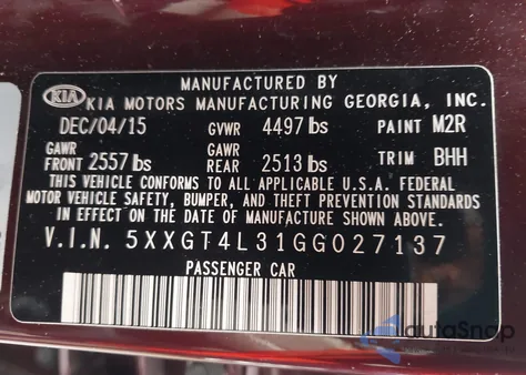 2016 Kia Optima Lx из США, поврежденный, VIN 5XXGT4L31GG027137